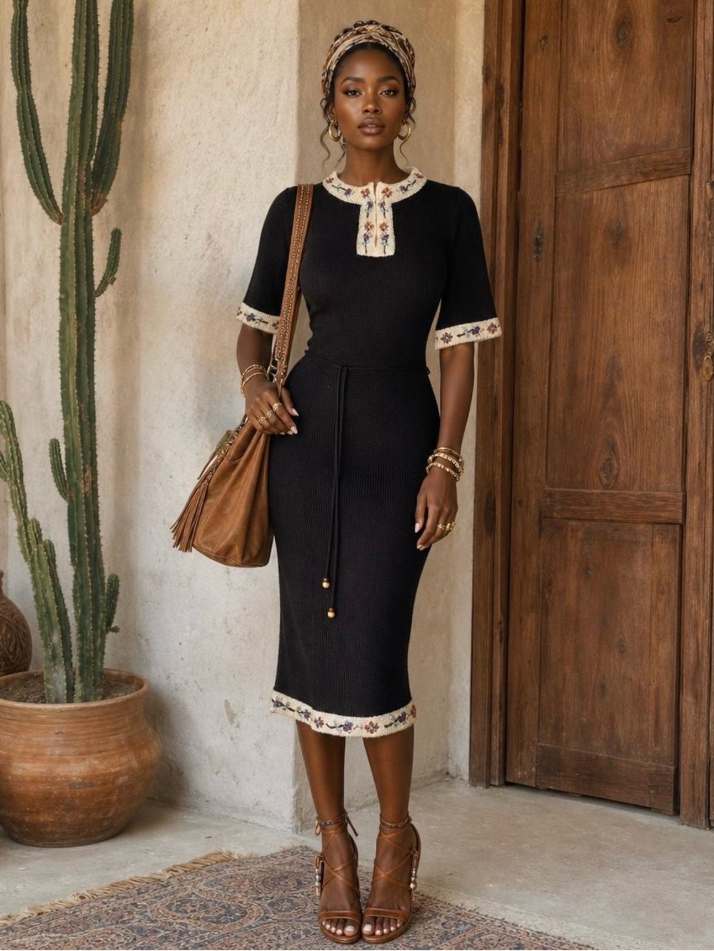 VTG Henna Black Ribbed Knit Midi Dress Wool Mohair Blend Embroidered Trim Size M